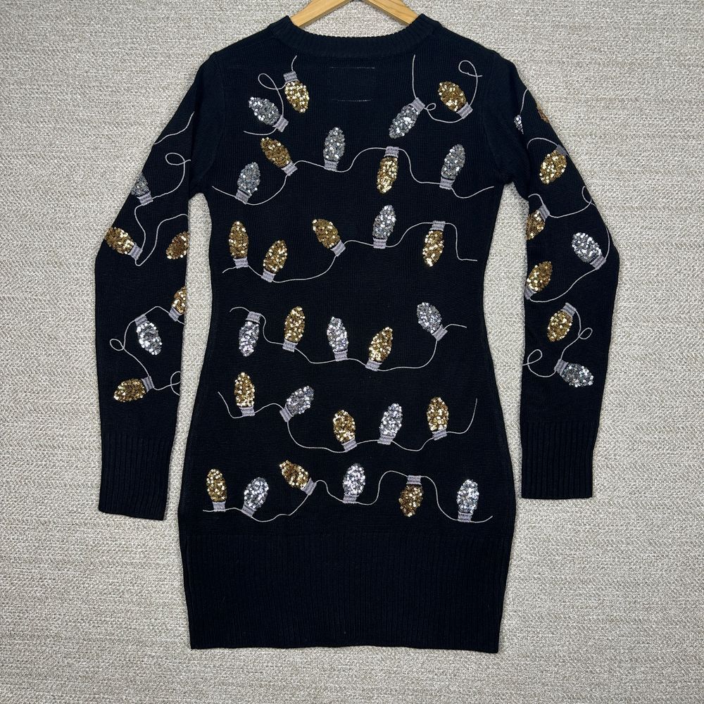 Tipsy Elves Sz S Sweater Dress Christmas Holiday Lights Mini Jolly Black Gold